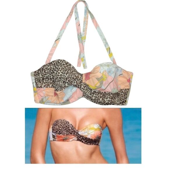 Victoria Secret Floral Leopard RIO TWIST BANDEAU HALTER PUSH UP SWIM TOP 34DD - Picture 1 of 10